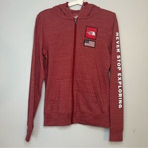 The North Face Long Sleeve hoodie Size M USA Flag Logo Red Drawstrings